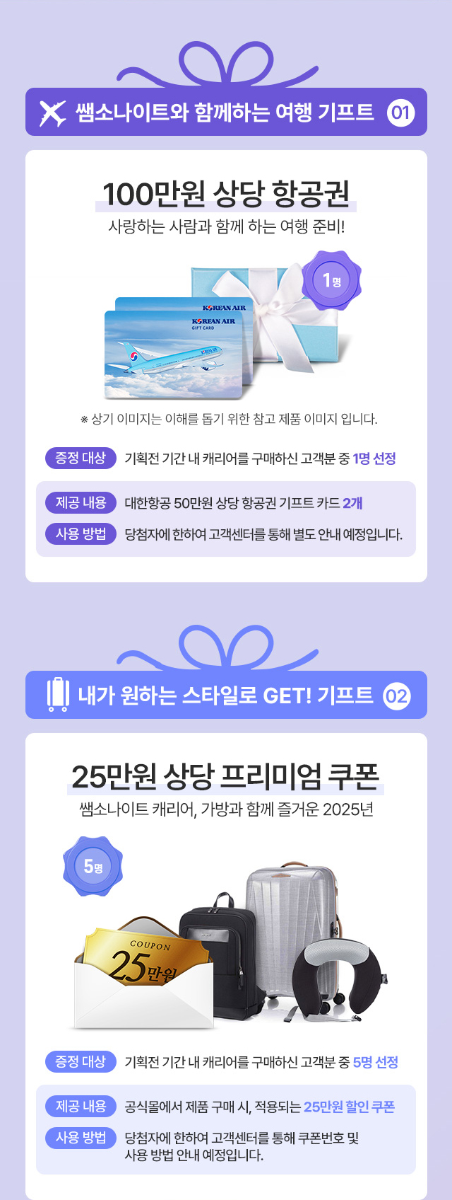 쌤소나이트와 함께하는 여행 기프트 01 100만원 상당 항공권 사랑하는 사람과 함께 하는 여행 준비! 1명 ※ 상기 이미지는 이해를 돕기 위한 참고 제품 이미지입니다. 증정 대상:기획전 기간 내 캐리어를 구매하신 고객분 중 1명 선정, 제공 내용:대한항공 50만원 상당 항공권 기프트 카드 2개, 사용 방법:당첨자에 한하여 고객센터를 통해 별도 안내 예정입니다. / 내가 원하는 스타일로 GET! 기프트 02 25만원 상당 프리미엄 쿠폰 쌤소나이트 캐리어, 가방과 함께 즐거운 2025년 5명 증정 대상:기획전 기간 내 캐리어를 구매하신 고객분 중 5명 선정, 제공 내용:공식몰에서 제품 구매 시, 적용되는 25만원 할인 쿠폰, 사용 방법:당첨자에 한하여 고객센터를 통해 쿠폰번호 및 사용 방법 안내 예정입니다.